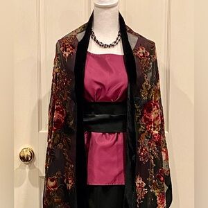 Vintage black shawl with pink and green flowers